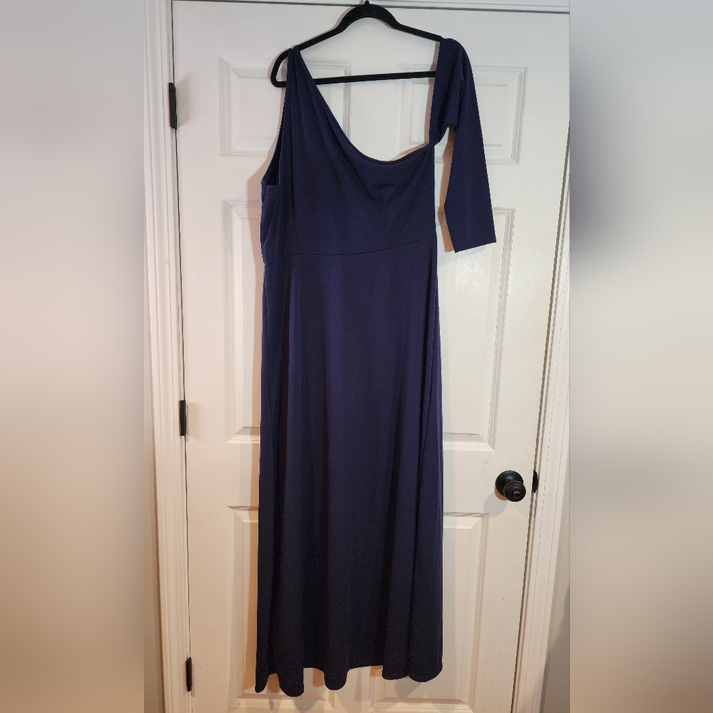 Elegant Navy Blue Women's Dress Single Sleeve And Side Slits 2X